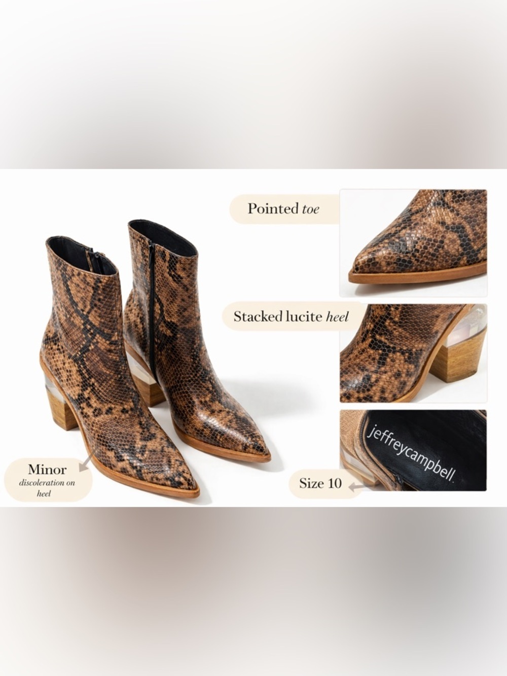 Jeffrey Campbell faux snakeskin western ankle boots lucite heel pointed toe 10 🔥 - Picture 4 of 11